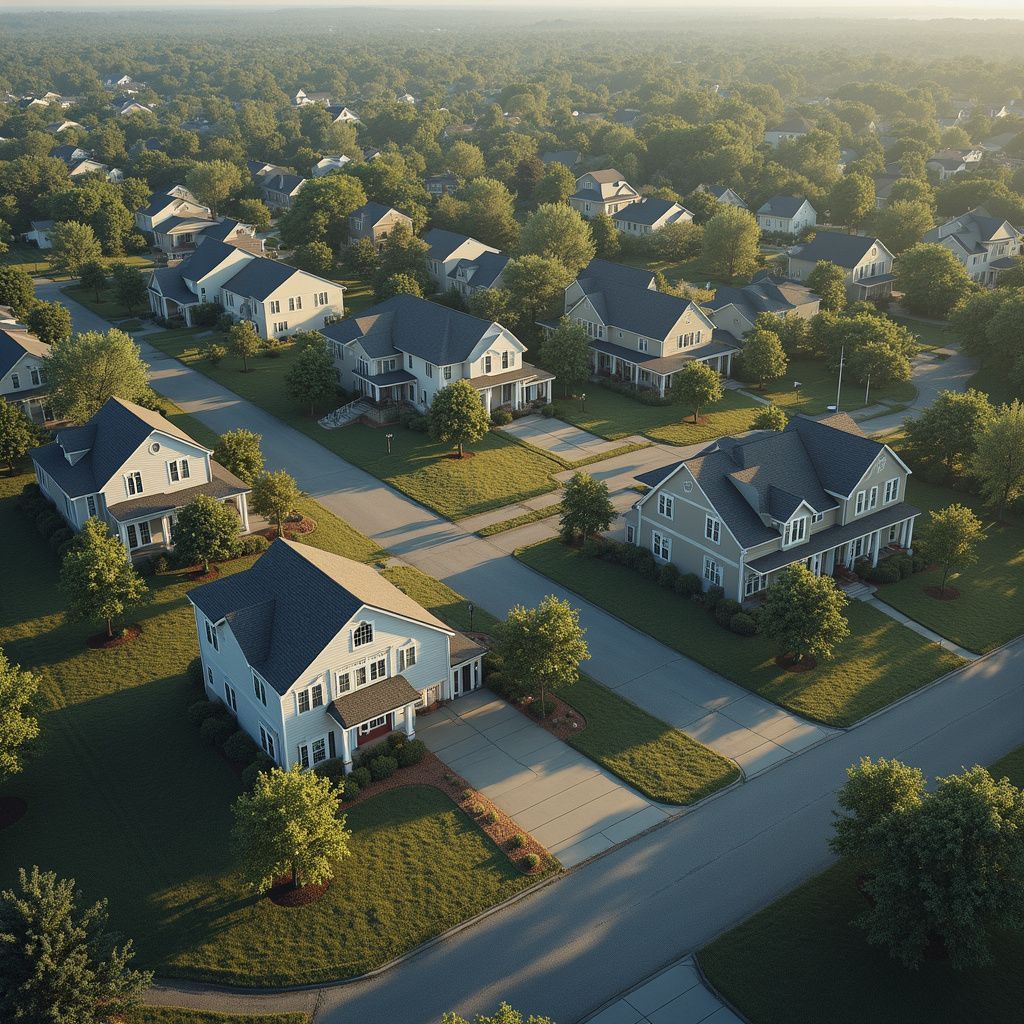 Aerial view of suburban houses with trees, sunny day.