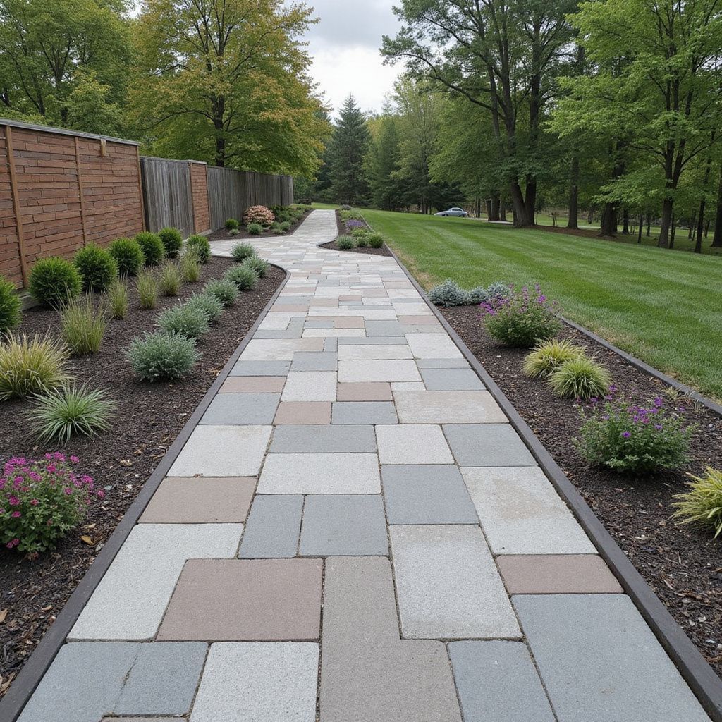 Stone pathway through a garden, lined with plants and a brick wall on the left. Green lawn to the right.