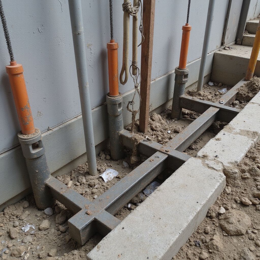 Construction site with metal supports and jacks, some covered with orange plastic, near a concrete wall and stairs.