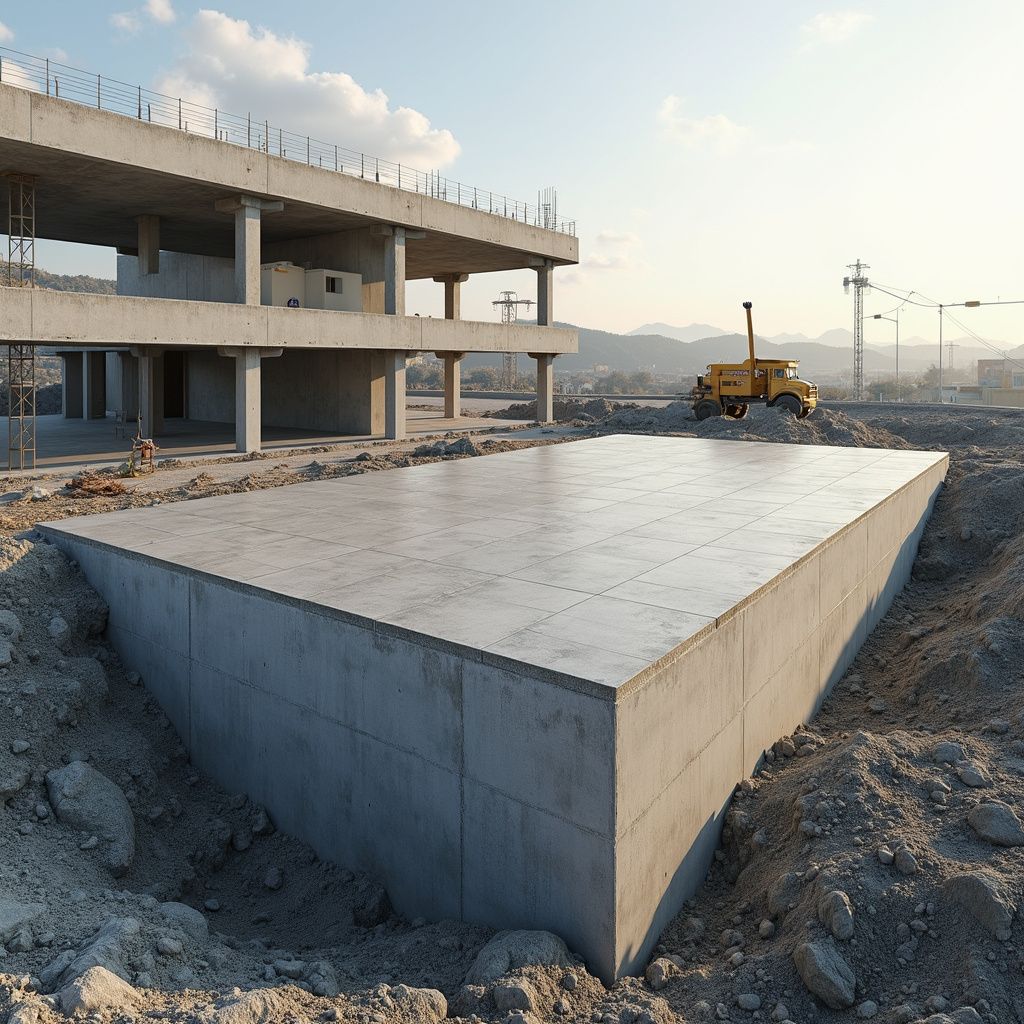 Concrete foundation and building under construction; earthmoving equipment in background.