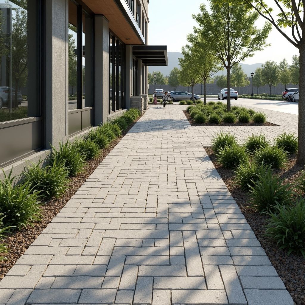 Sidewalk with brick pattern next to a building, lined with shrubbery. Cars and trees in the distance.