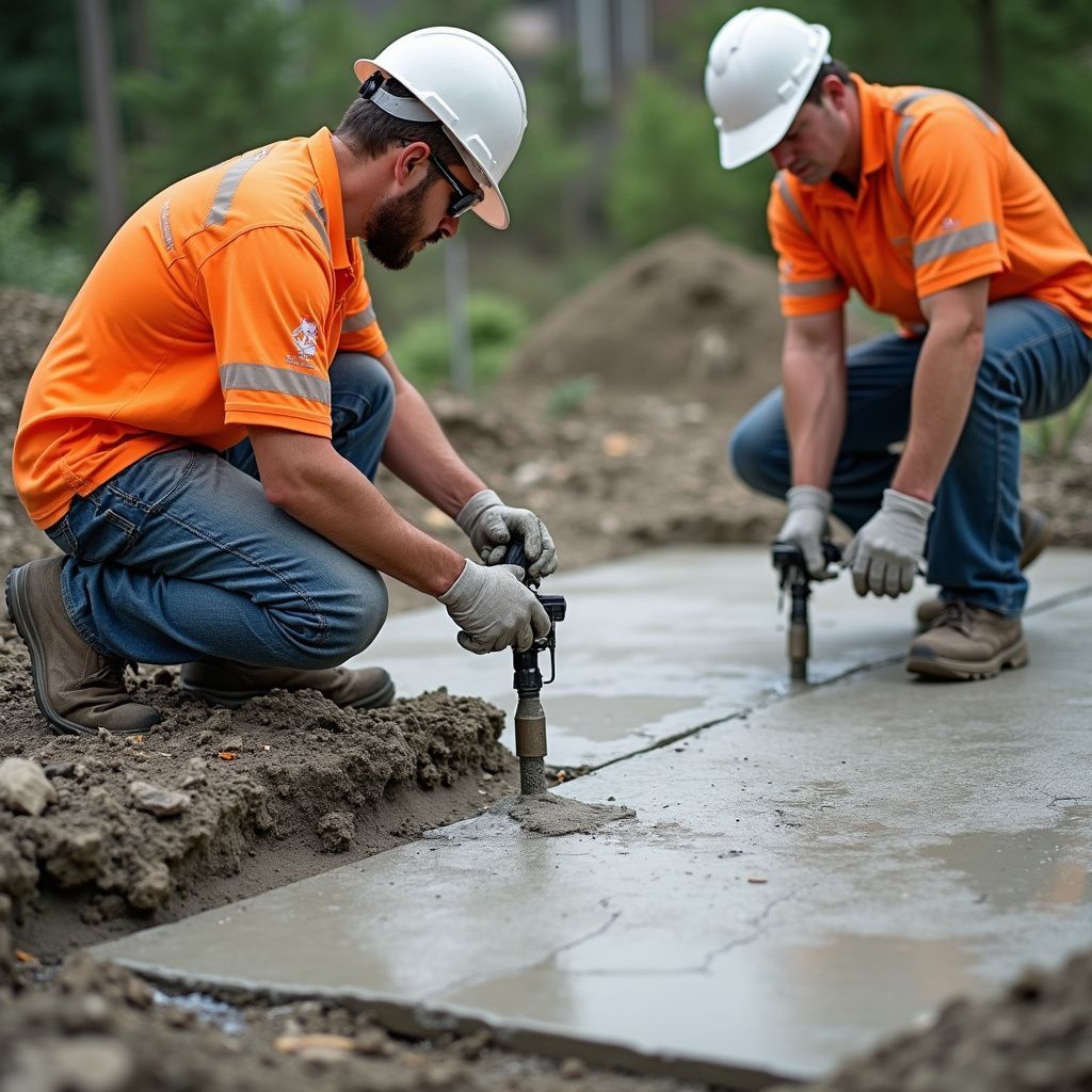 Two construction workers in orange shirts and white helmets work on concrete, one using a tool.