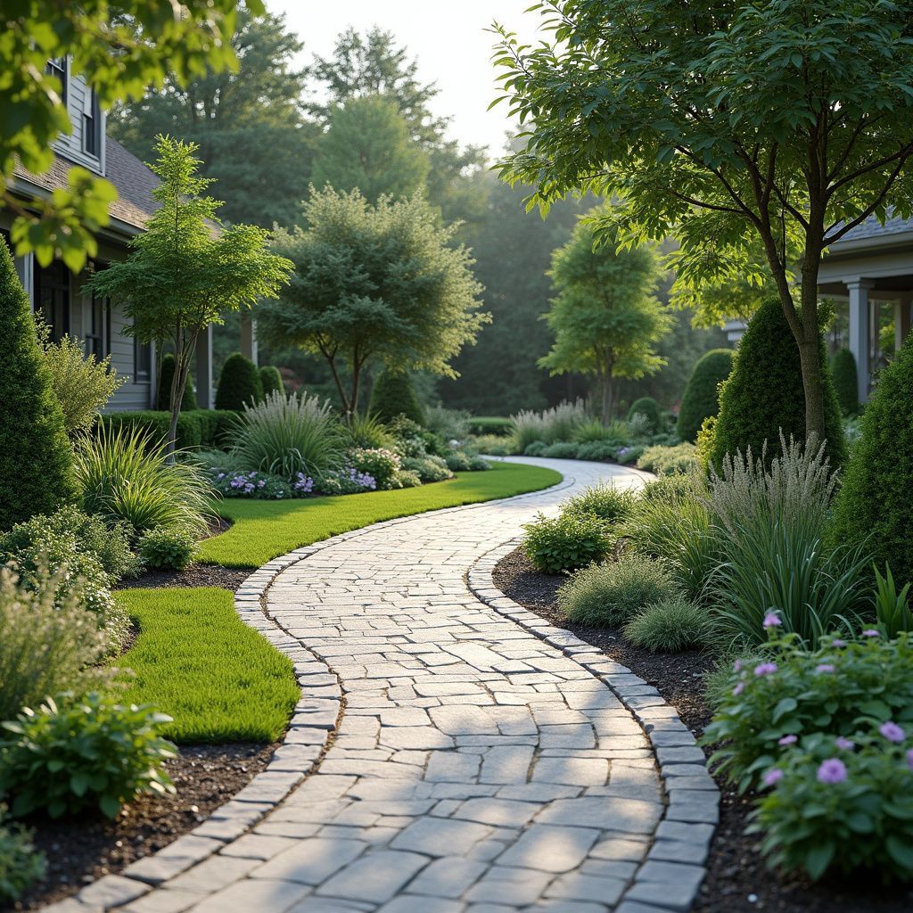 Stone path winds through a lush, sunny garden. Green shrubs, trees, and flowers line the walkway.