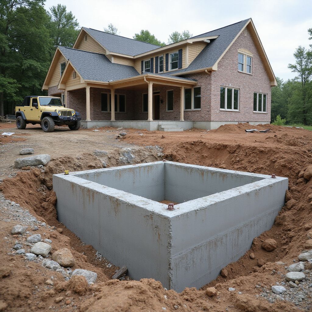 Concrete square structure in a dirt pit, a house under construction, and a yellow jeep.