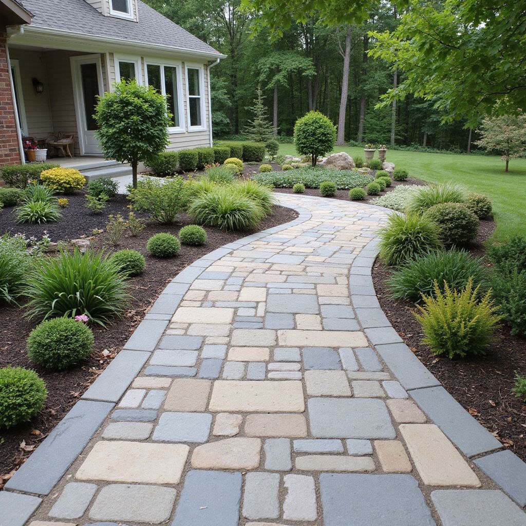Stone walkway leading to a house, flanked by green bushes, trees, and landscaping.