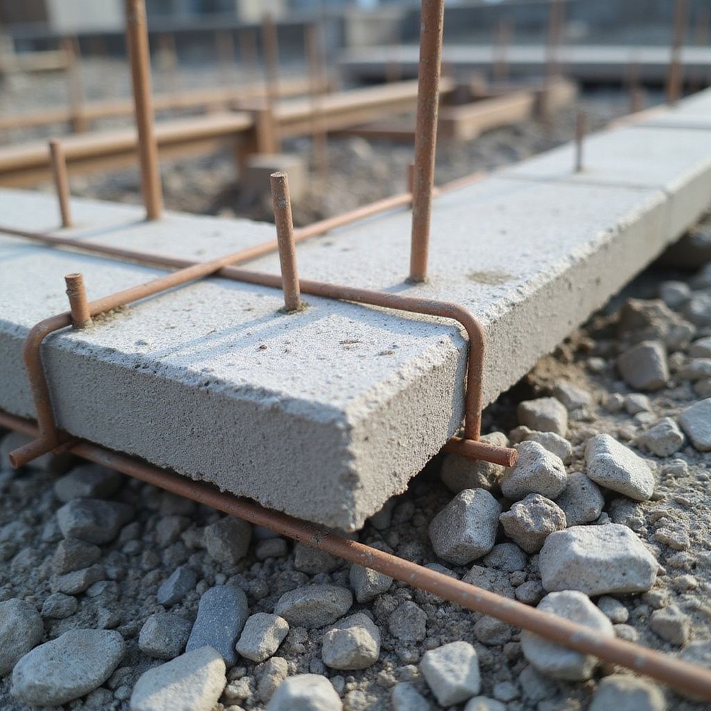 Close-up of concrete foundation with embedded rebar on a gravel surface.