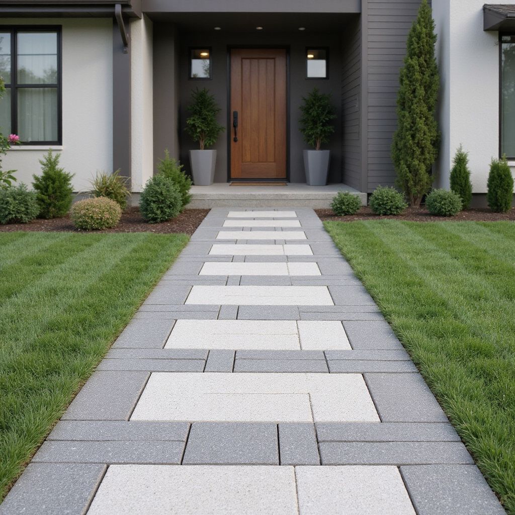 Gray and white stone pathway leading to a brown wooden front door with flanking potted greenery and a manicured lawn.