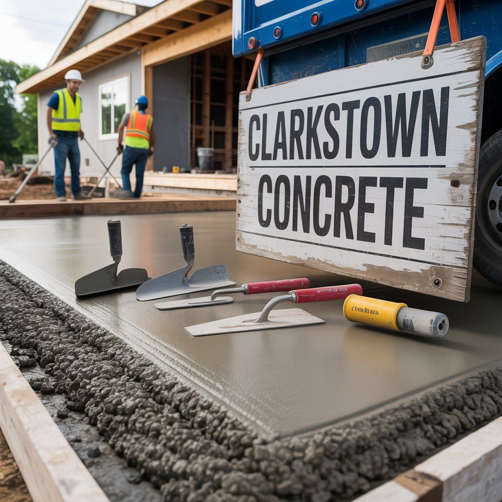 Concrete pour at construction site; Clarkstown Concrete sign, tools on wet concrete, workers in background.