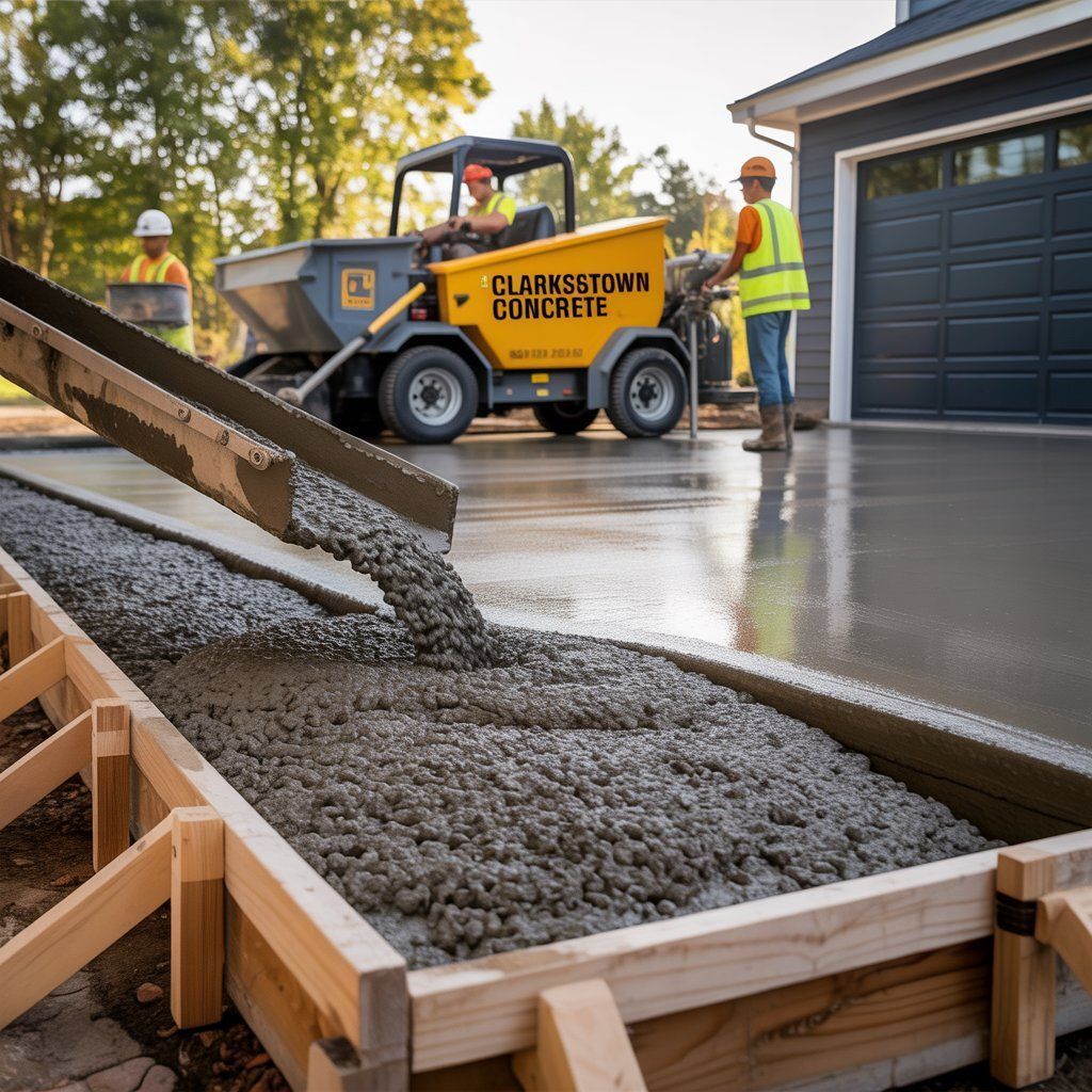 Workers pouring concrete from a yellow truck into wooden forms, constructing a driveway in front of a gray garage.