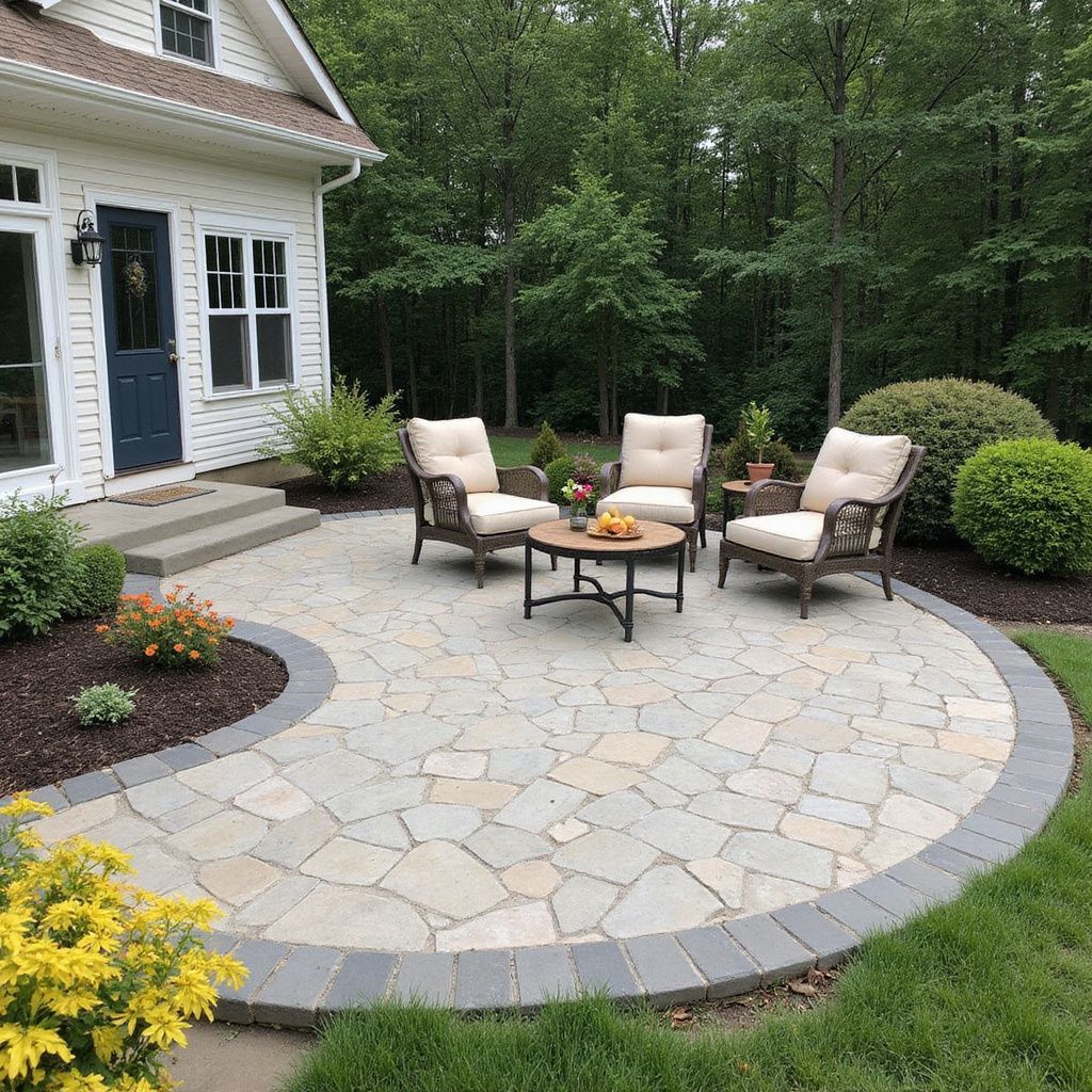 Stone patio with seating area next to a white house with a blue door, surrounded by greenery.
