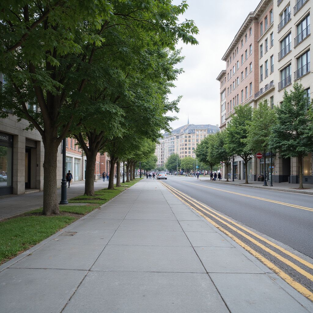 Street with sidewalk lined with trees, buildings in background, light traffic.
