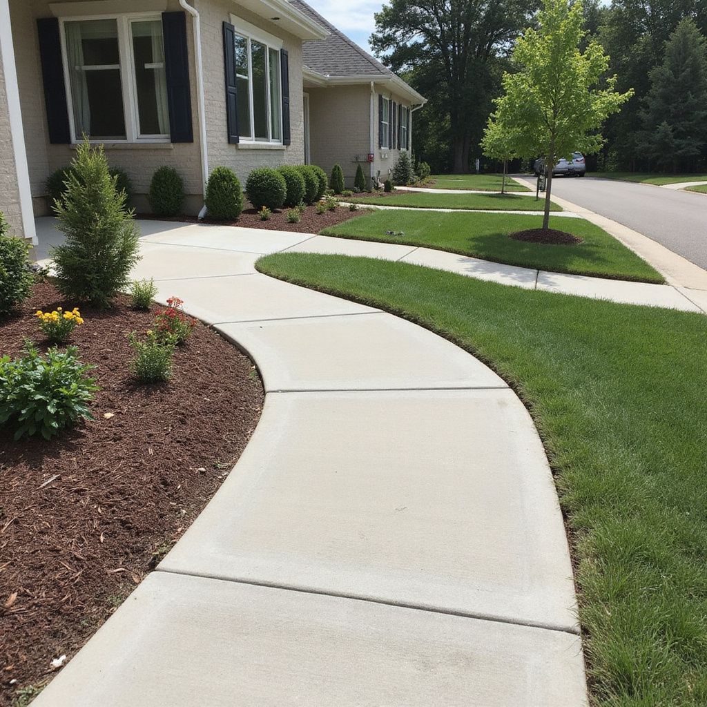 Curving concrete sidewalk leading to a light-colored house with landscaping and a street view.