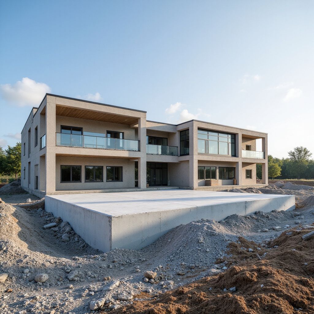 Modern two-story house under construction, featuring concrete foundation, light-colored exterior, large windows, and balconies.