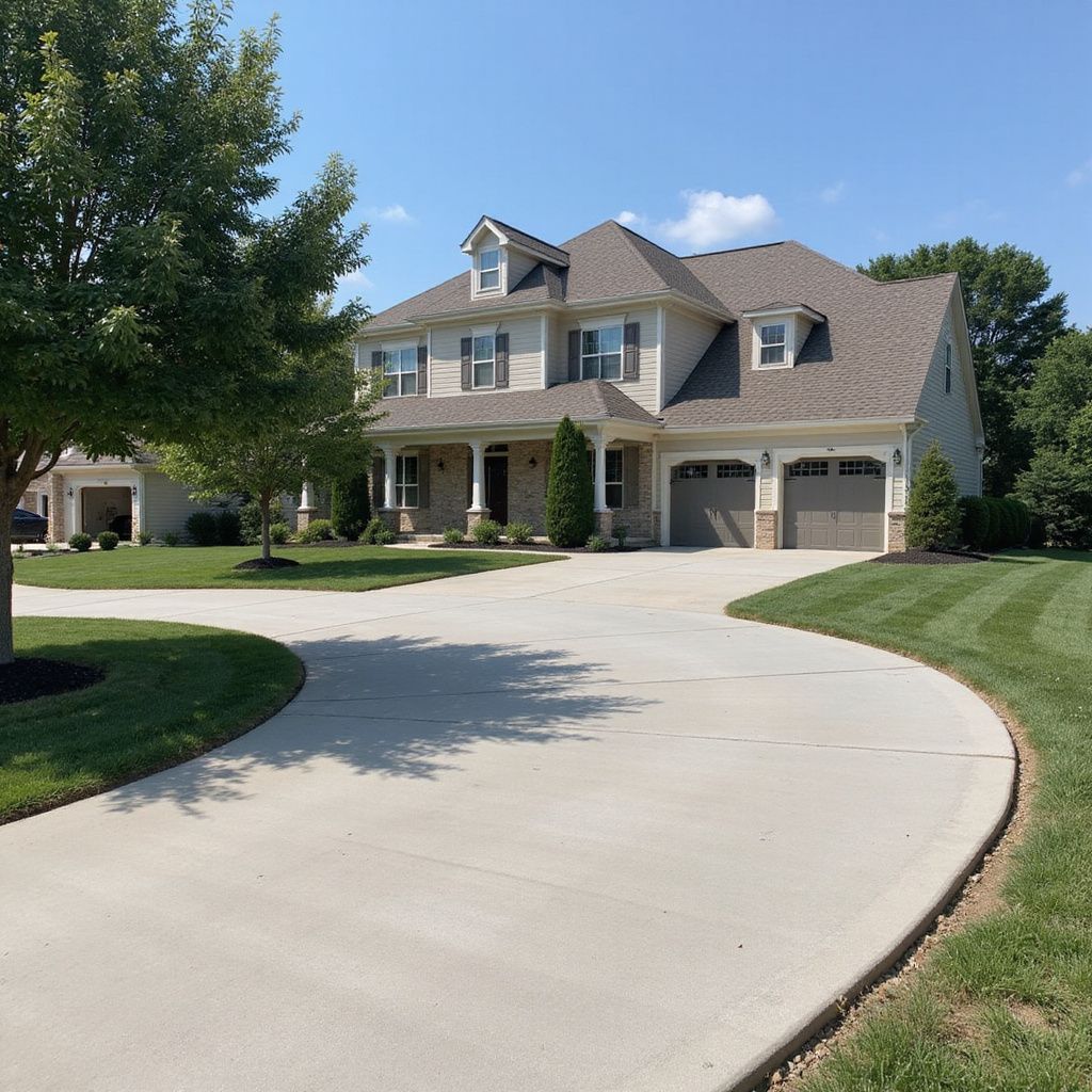Two-story beige house with a curved concrete driveway and a manicured lawn. Sunny day.