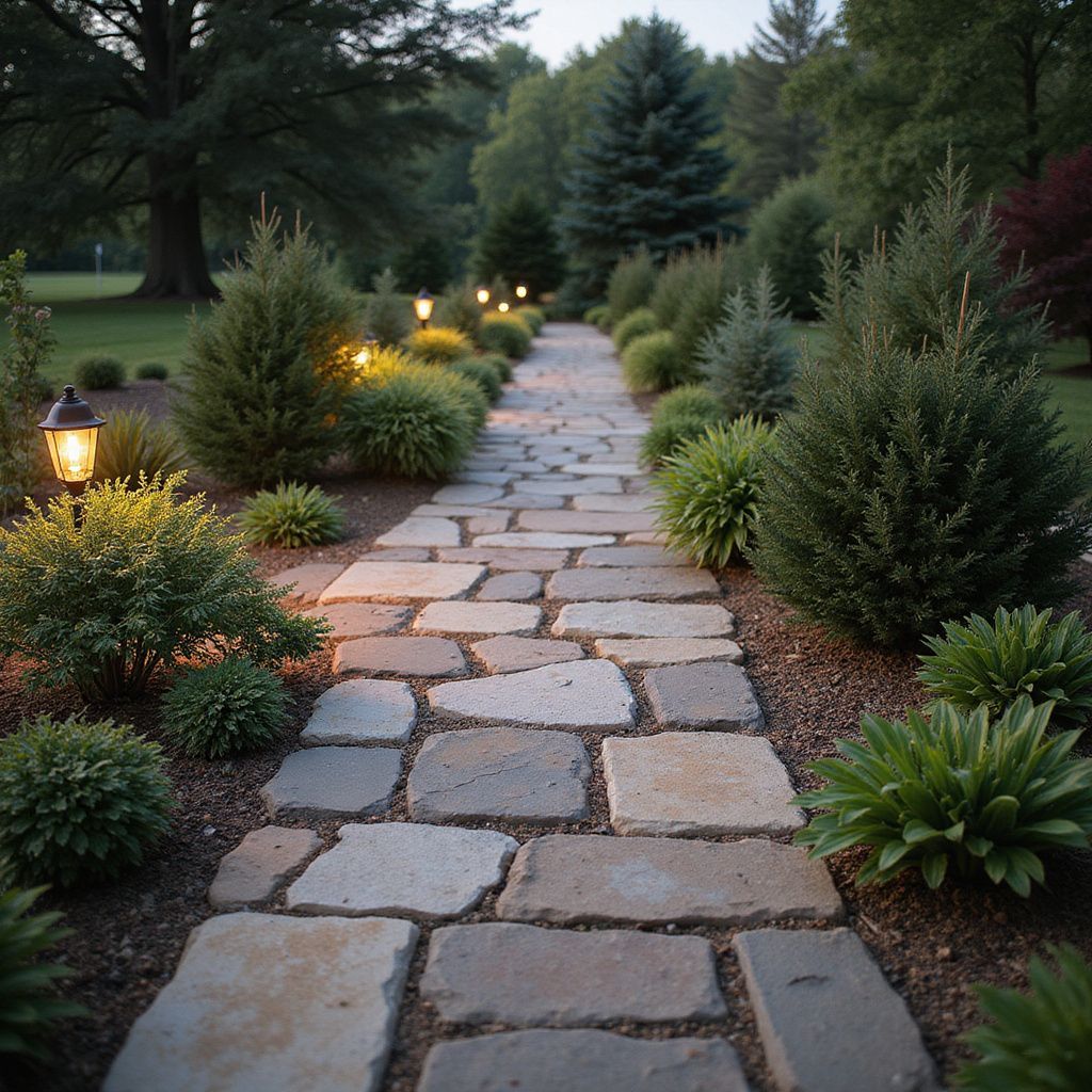Stone pathway lined with shrubs and lights leading to distant trees.