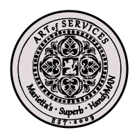 Black circular “Art of Services” logo with ornate center and “Marietta’s Super Handy EST. 2009” text