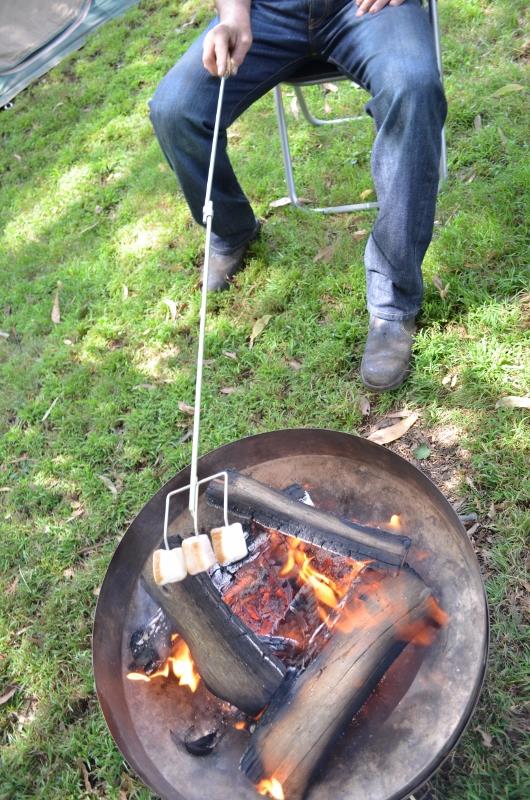 A man is roasting marshmallows over a fire pit