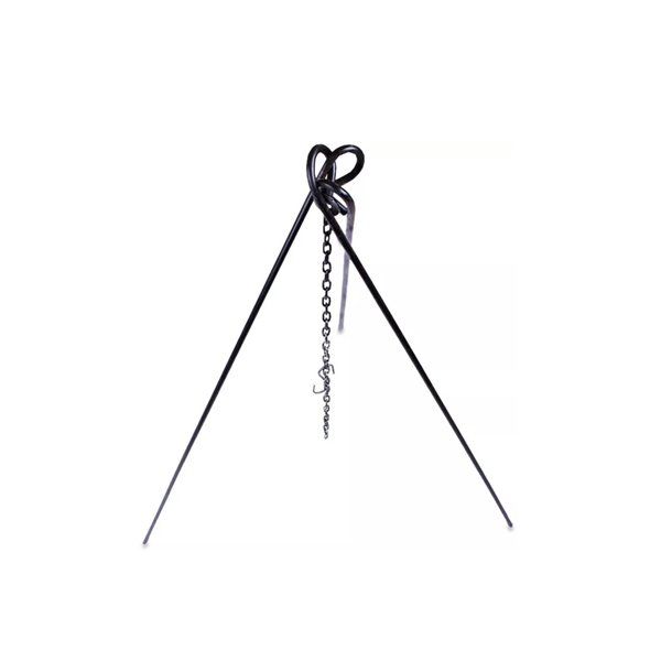 A tripod with a chain attached to it on a white background.