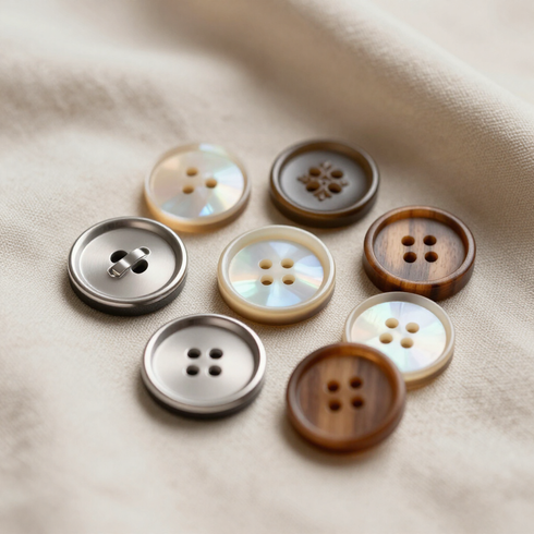 Botones surtidos en blanco, beige, marrón y plateado dispuestos sobre tela suave.