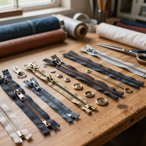 Cremalleras y cierres metálicos surtidos dispuestos sobre una mesa de trabajo de madera en un taller de costura.