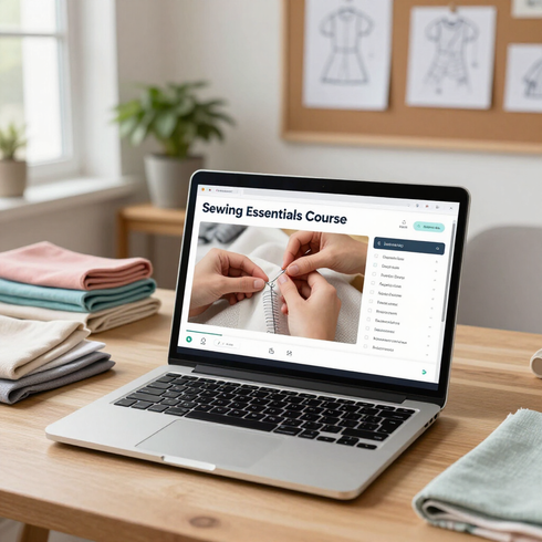 Un ordenador portátil sobre un escritorio de madera muestra un curso de costura, con telas dobladas.