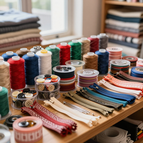 Carretes de hilo de colores y filas de cremalleras dispuestas sobre una mesa de costura de madera.