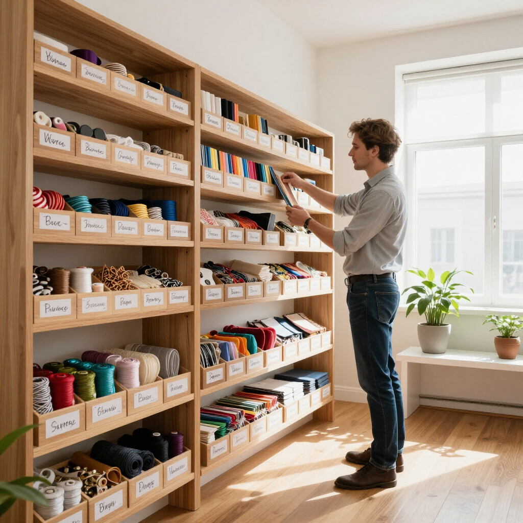 Un hombre organiza contenedores etiquetados de hilo en estantes de pared en una habitación luminosa.