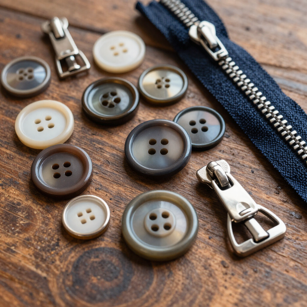 Botones y cremalleras metálicas variadas sobre una superficie de madera.