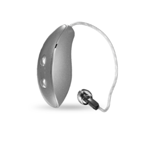 A close up of a hearing aid on a white background