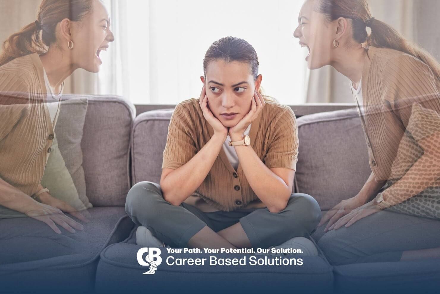 Autistic women sitting on couch covering ears while experiencing emotional distress, illustrating se