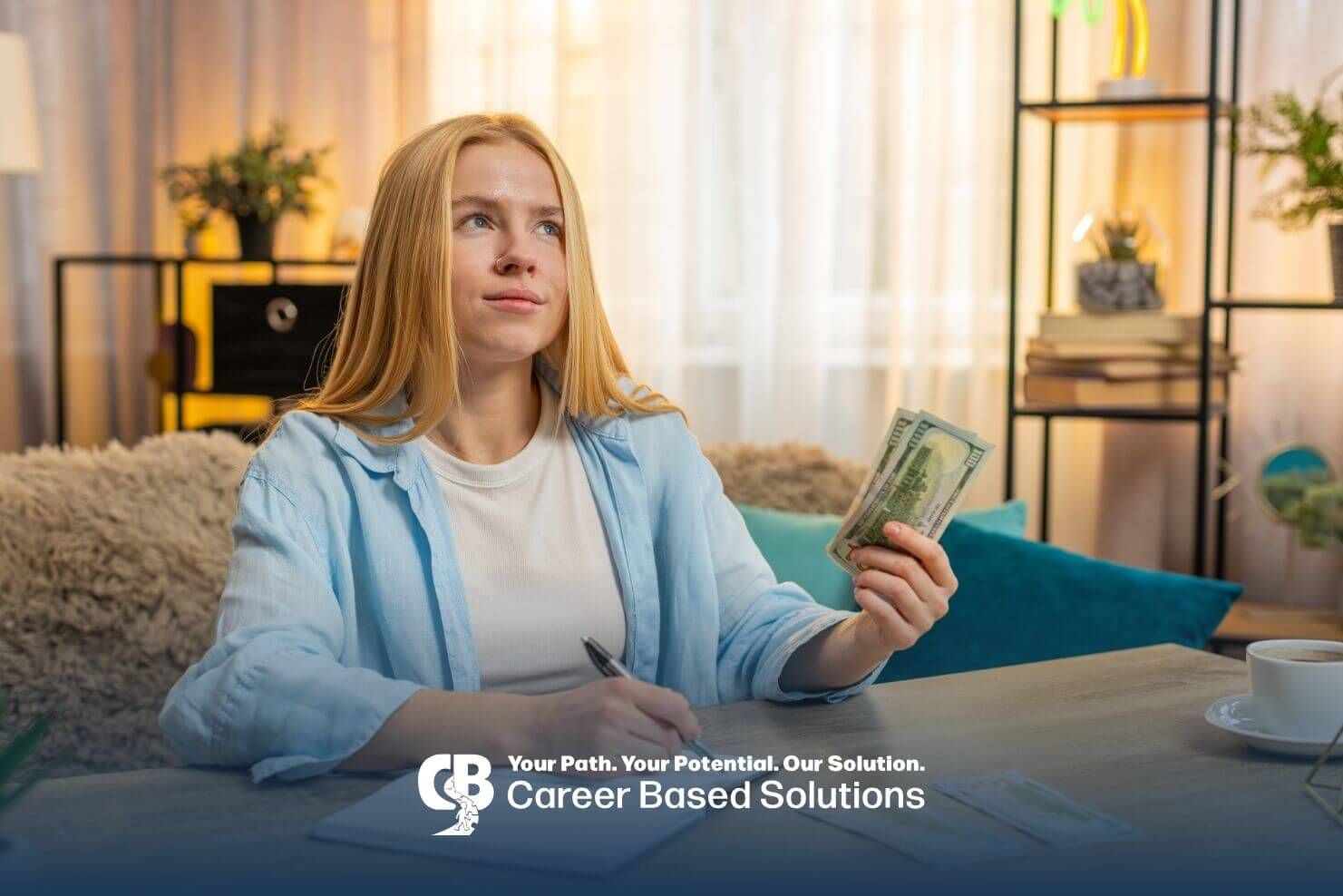A female therapist with cash at desk, illustrating behavioral therapist salary planning & management