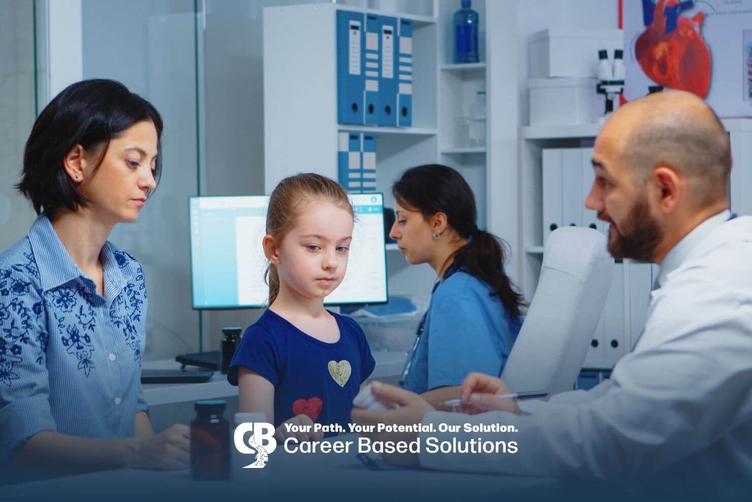 Doctor guides parent & autistic girl, focusing on evaluation, treatment planning, & ongoing support.
