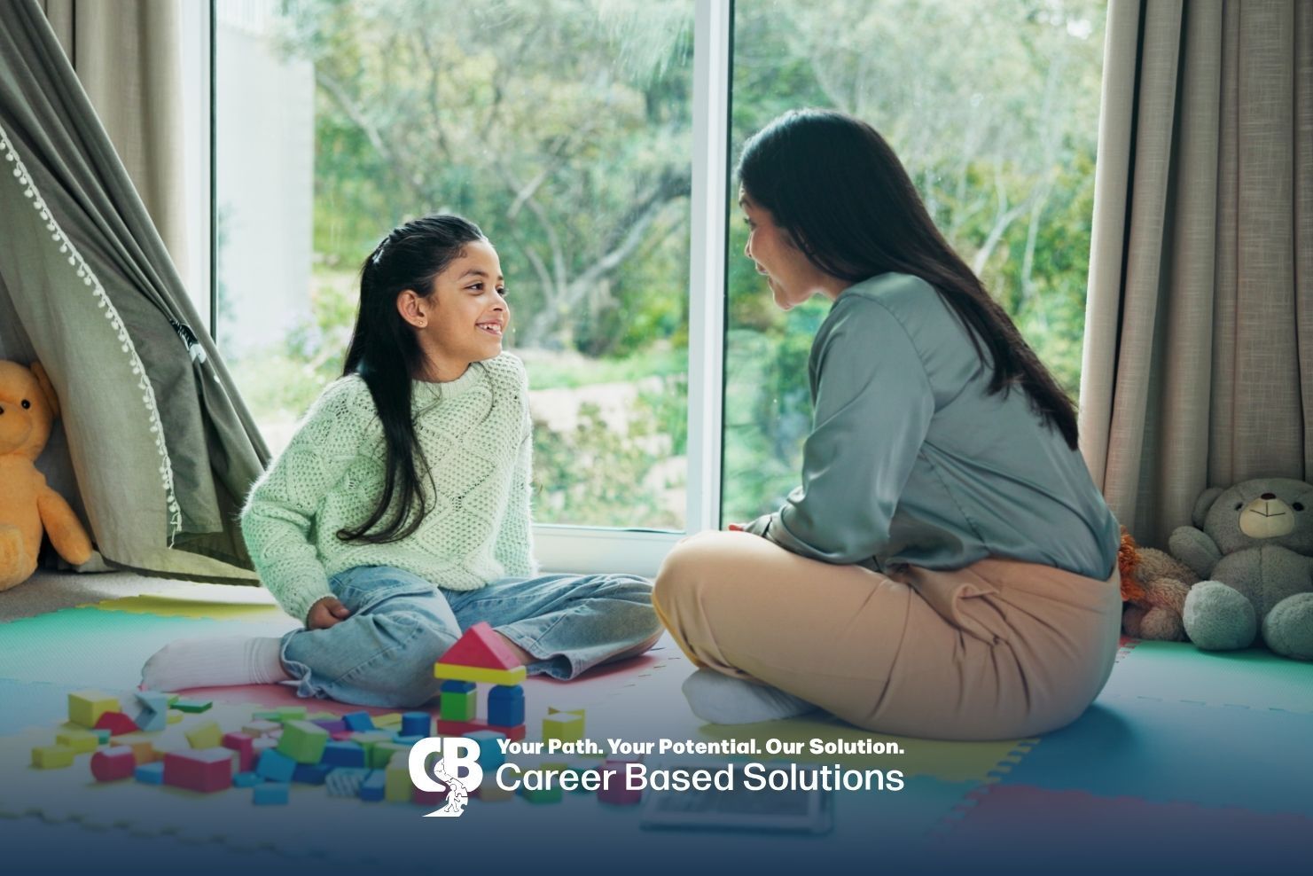 Autistic girl builds independence in home ABA play with therapist, practicing vital social skills.