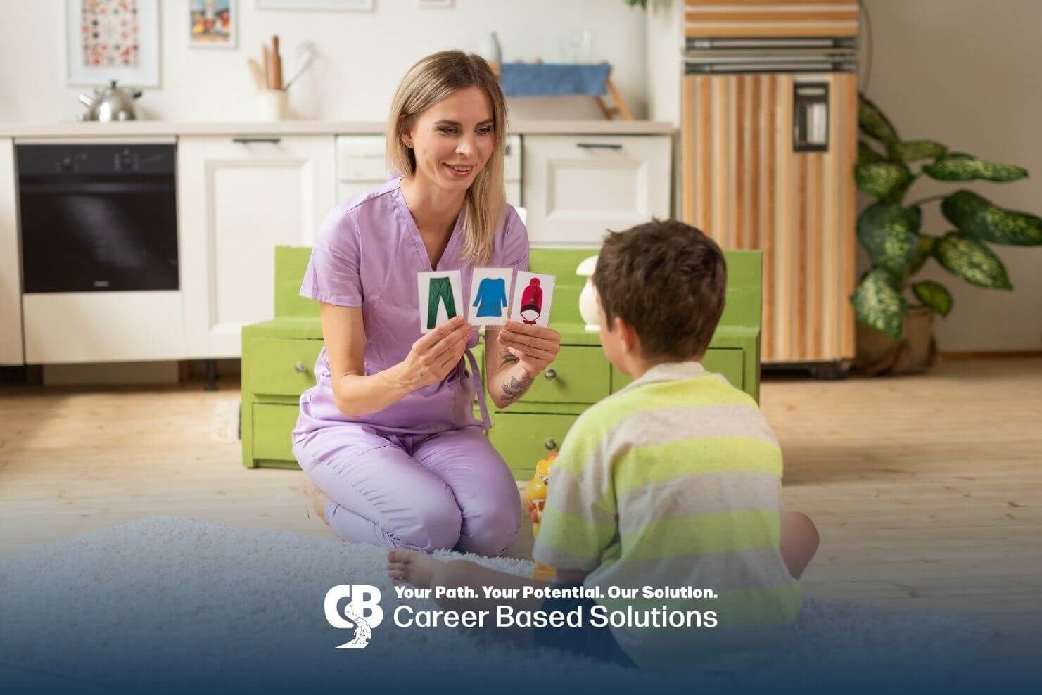 A therapist using visual cards with autistic child at home, demonstrating effectiveness of  therapy