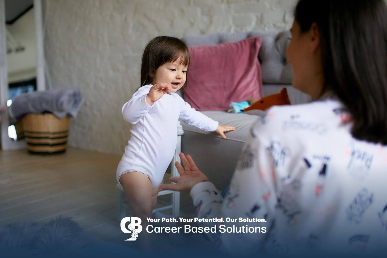 Autistic toddler taking first steps toward a therapist with outstretched hands, showing development