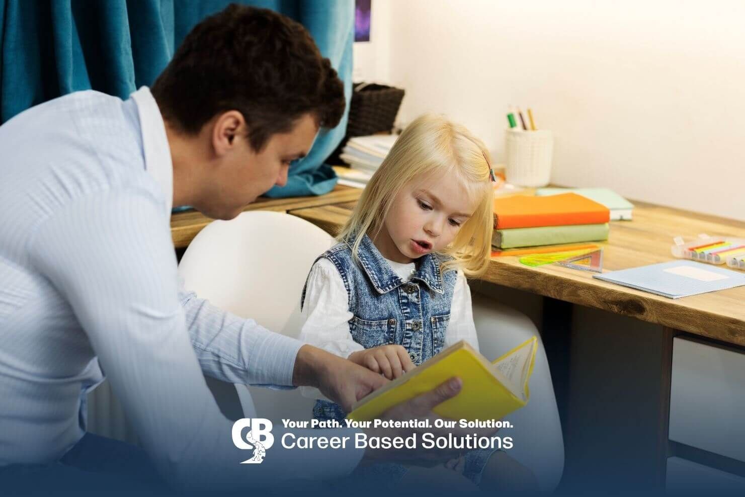 Therapist reading with an autistic girl during an autism evaluation or educational support session