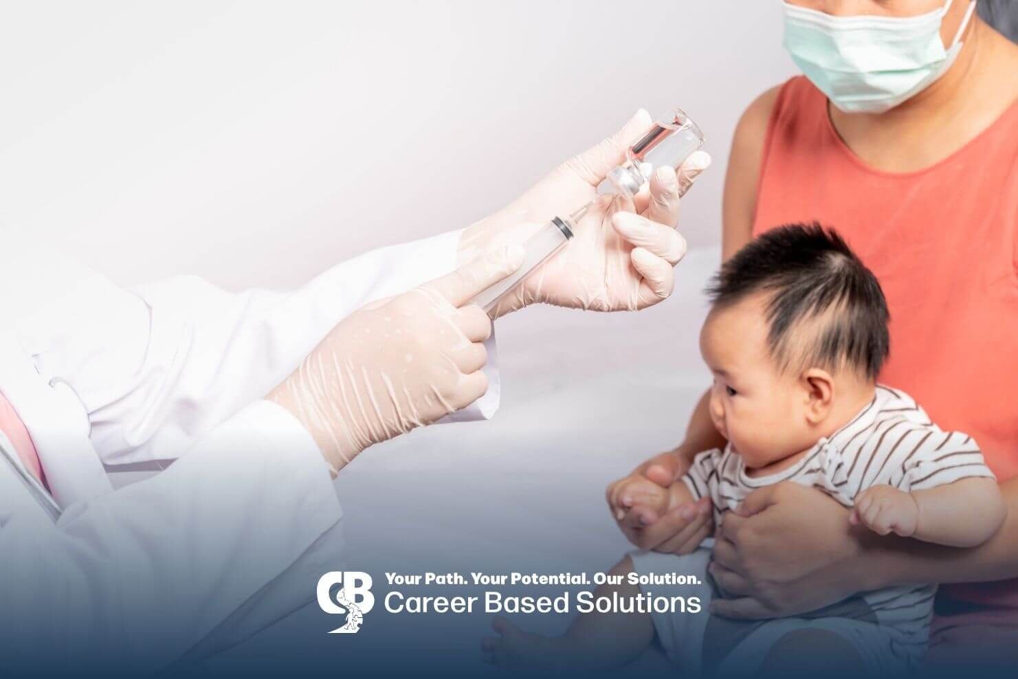 Doctor preparing vaccine injection while mother holds autistic baby during medical appointment.