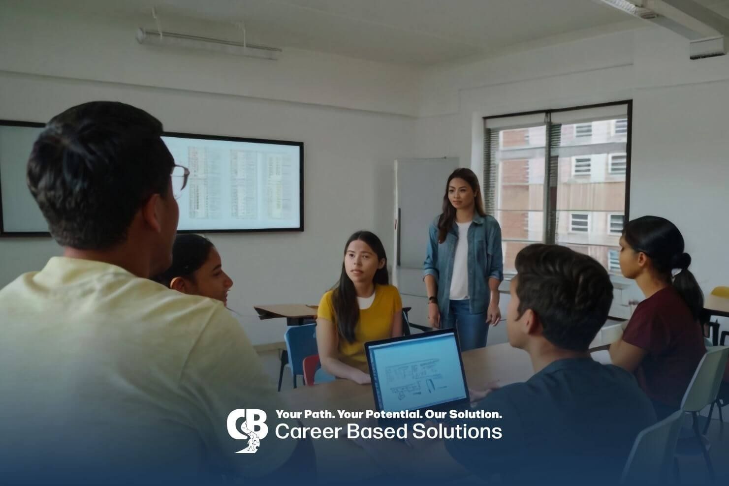 A diverse group of ABA students having a training & discussion around a table in a classroom.