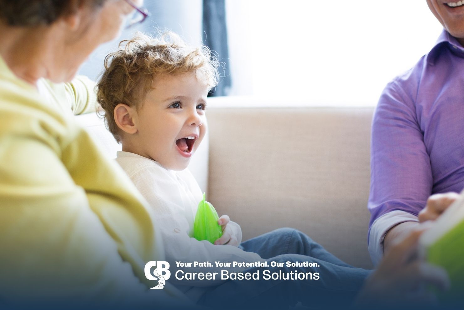 Autistic boy joyfully plays with family at home, fostering early social development after therapy.