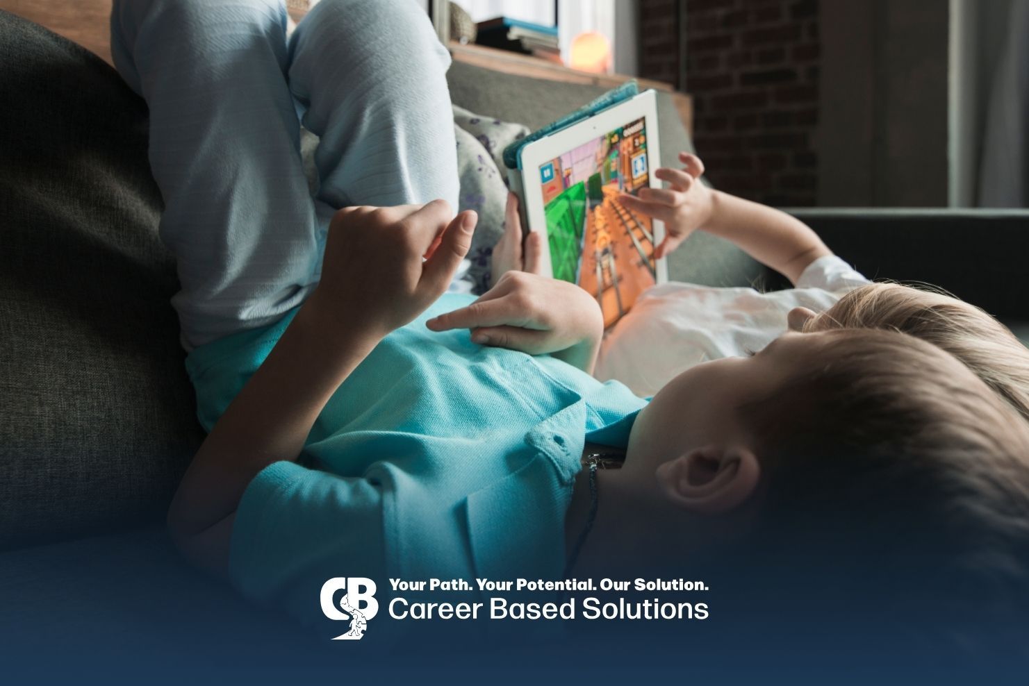 Autistic child uses tablet for visual supports and social stories, learning through digital play.