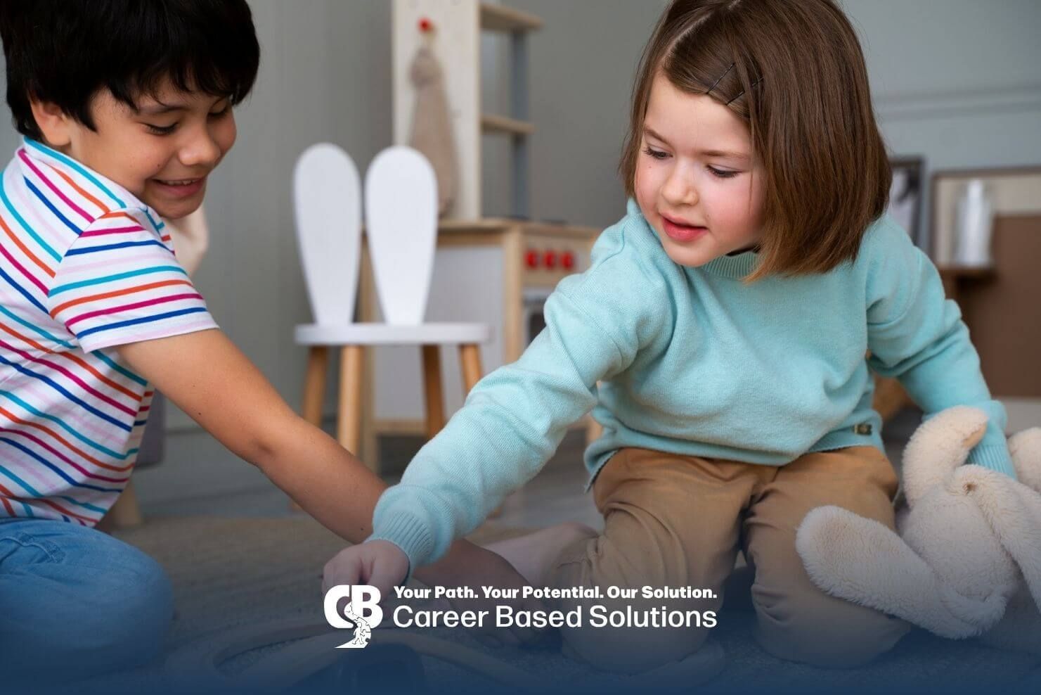 Two autistic kids playing with a wooden train track on the floor, encouraging social interaction