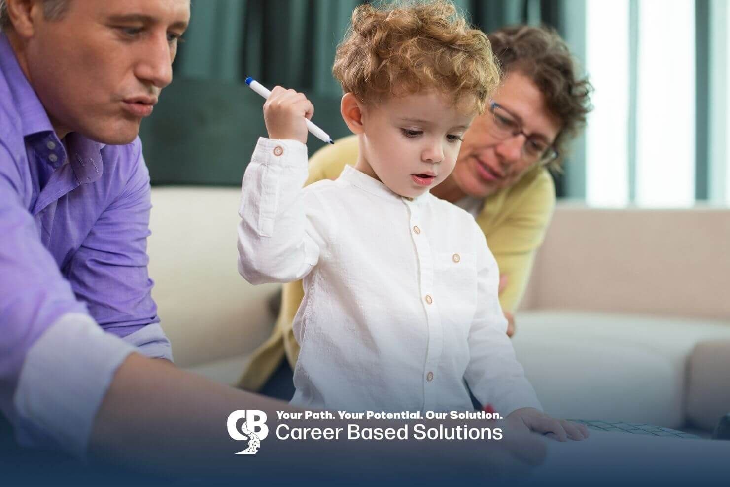 Autistic boy holding marker with parents nearby, encouraging learning, attention, and guided ABA.