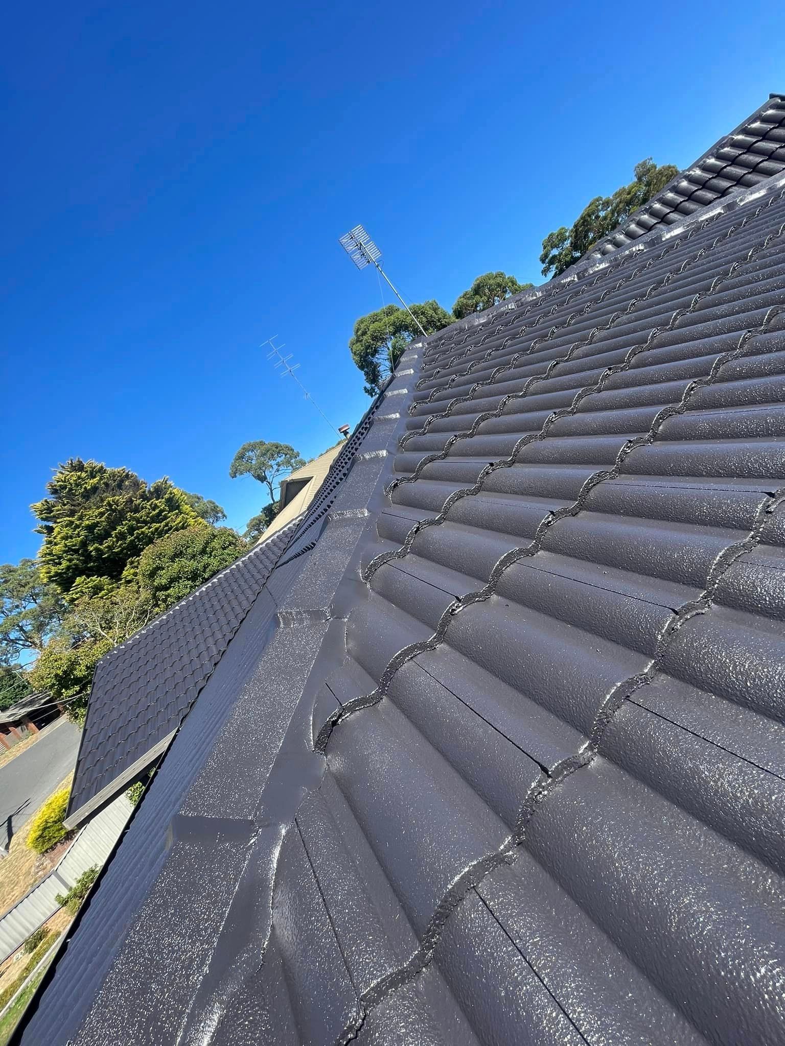 A roof with a blue sky and trees in the background