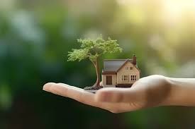 A person is holding a small house and a tree in their hand.