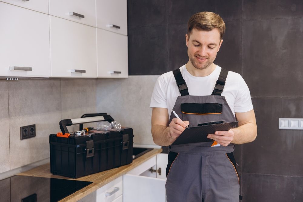 Plumber in overalls, looking at a clipboard, standing in a modern kitchen with toolbox.