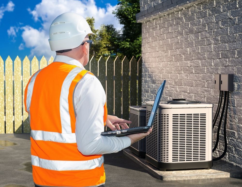 HVAC technician in orange vest and hard hat, using a laptop near an AC unit outdoors.