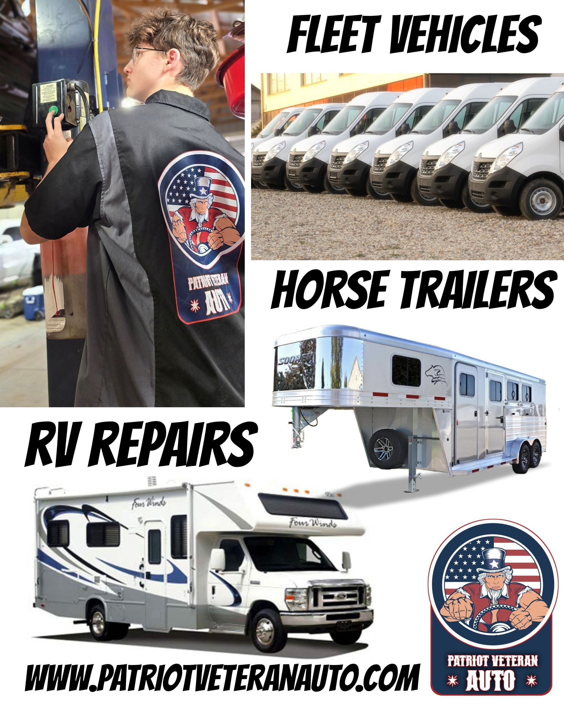 A poster for fleet vehicles , horse trailers , and rv repairs.