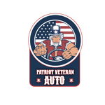 A patriot veteran auto logo with uncle sam driving a car