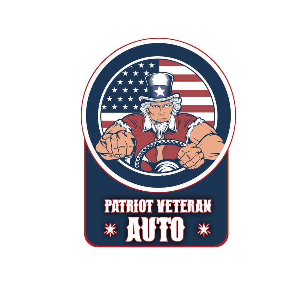 A patriot veteran auto logo with uncle sam driving a car