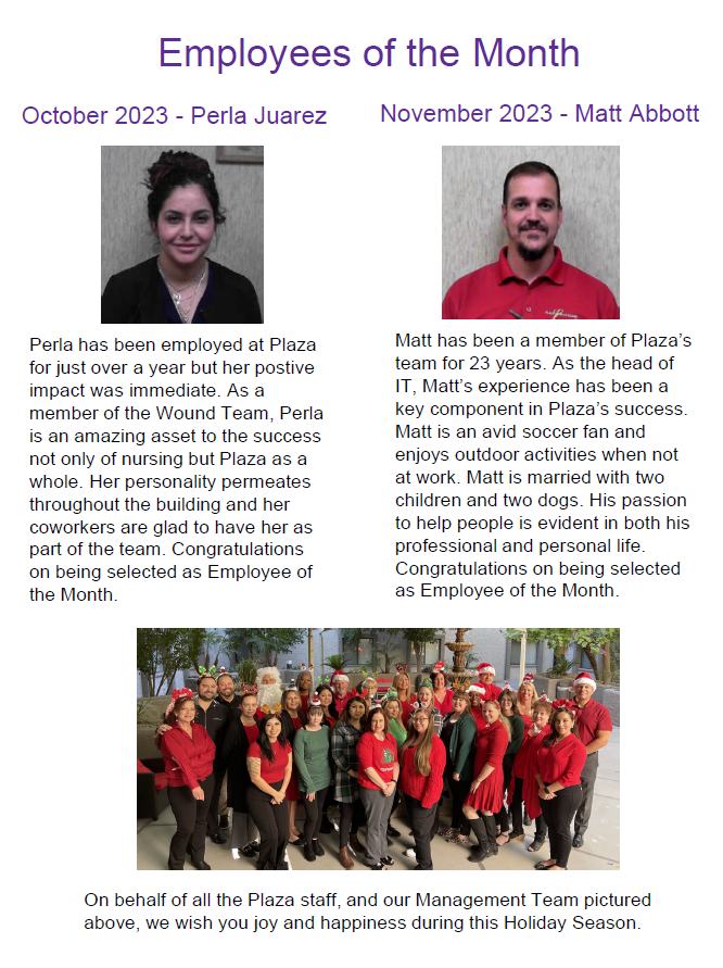 Employees of the Month | Plaza Healthcare